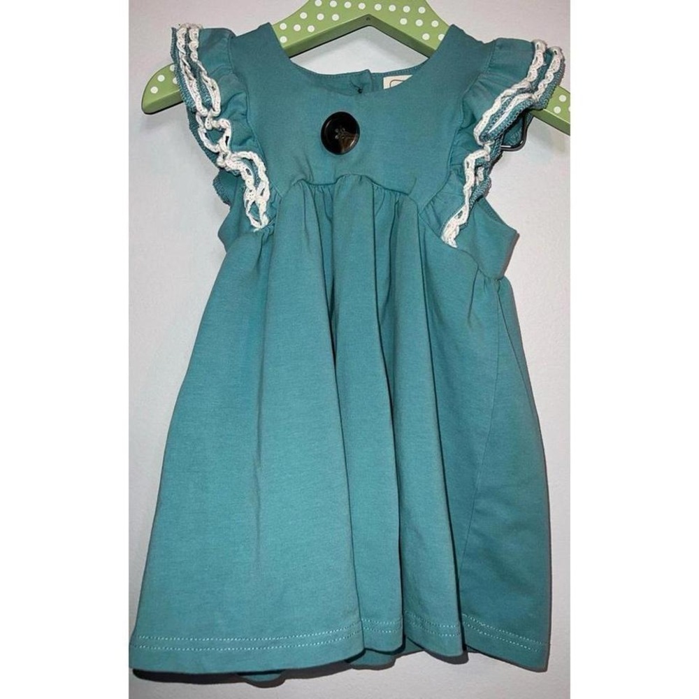 Pearls and Piggytails Girls Teal Blue Flutter Sleeve Crochet Lace Dress Size 2